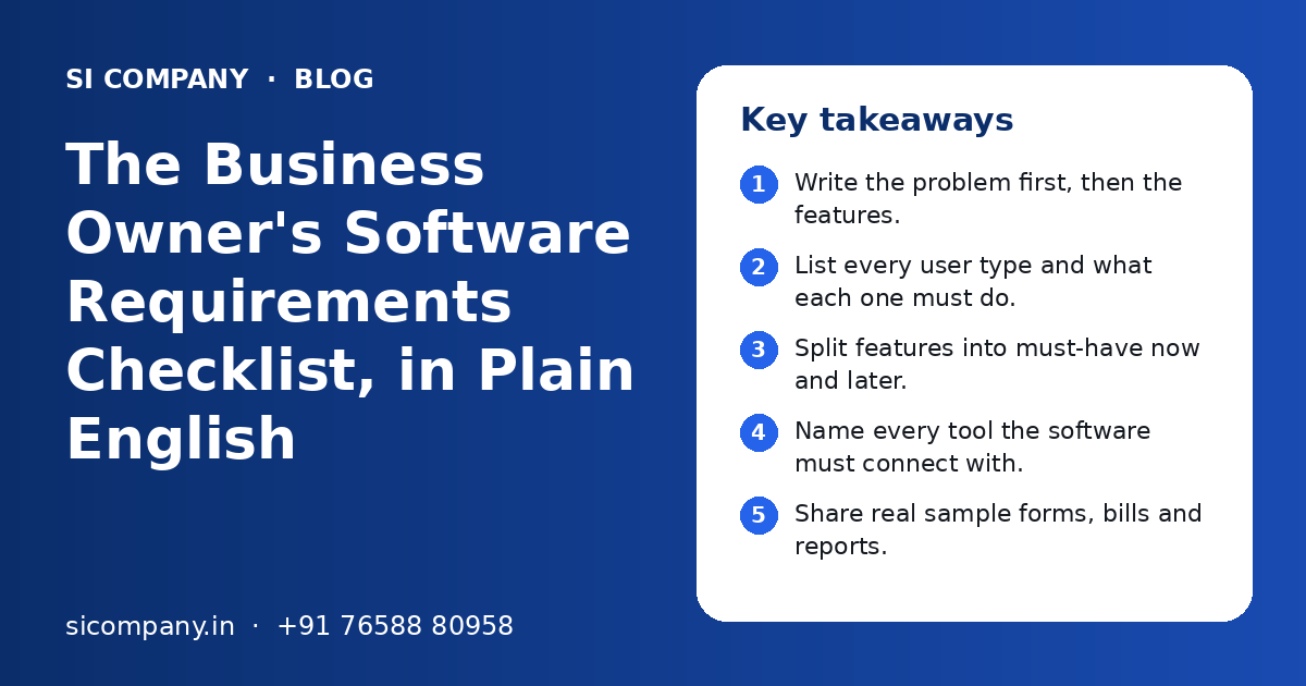 The Business Owner's Software Requirements Checklist, in Plain English: key takeaways infographic